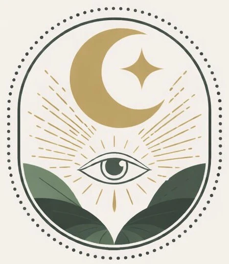 Emblema da Noctun Tarot: lua crescente, estrela e um olho entre folhas